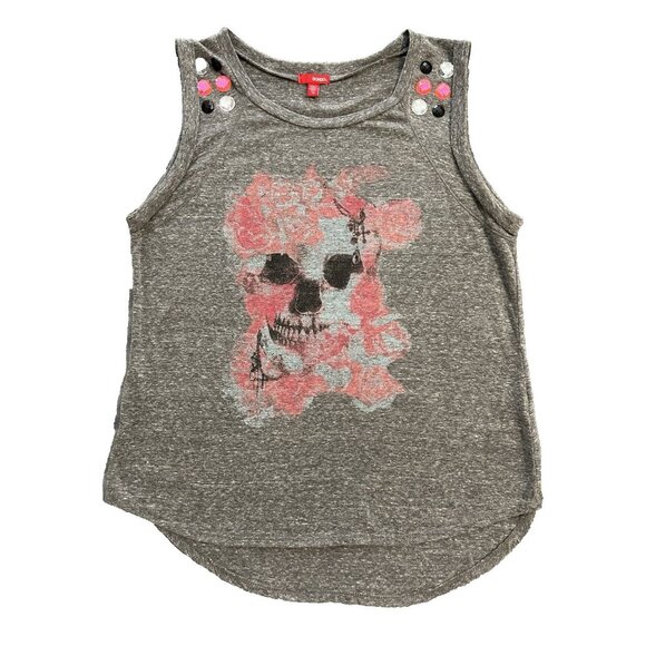 Bongo Women's Gray Sleeveless Tank w/ Floral Skull Jewels 1X High Low Pink Black - Picture 10 of 12
